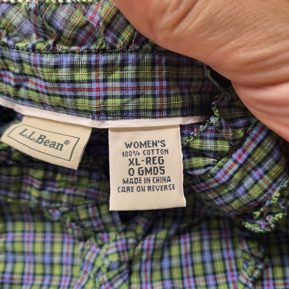 LL Bean Women Shirt XL Green Plaid Ruffle Button Up Band Collar Cottage Classic - Picture 6 of 11